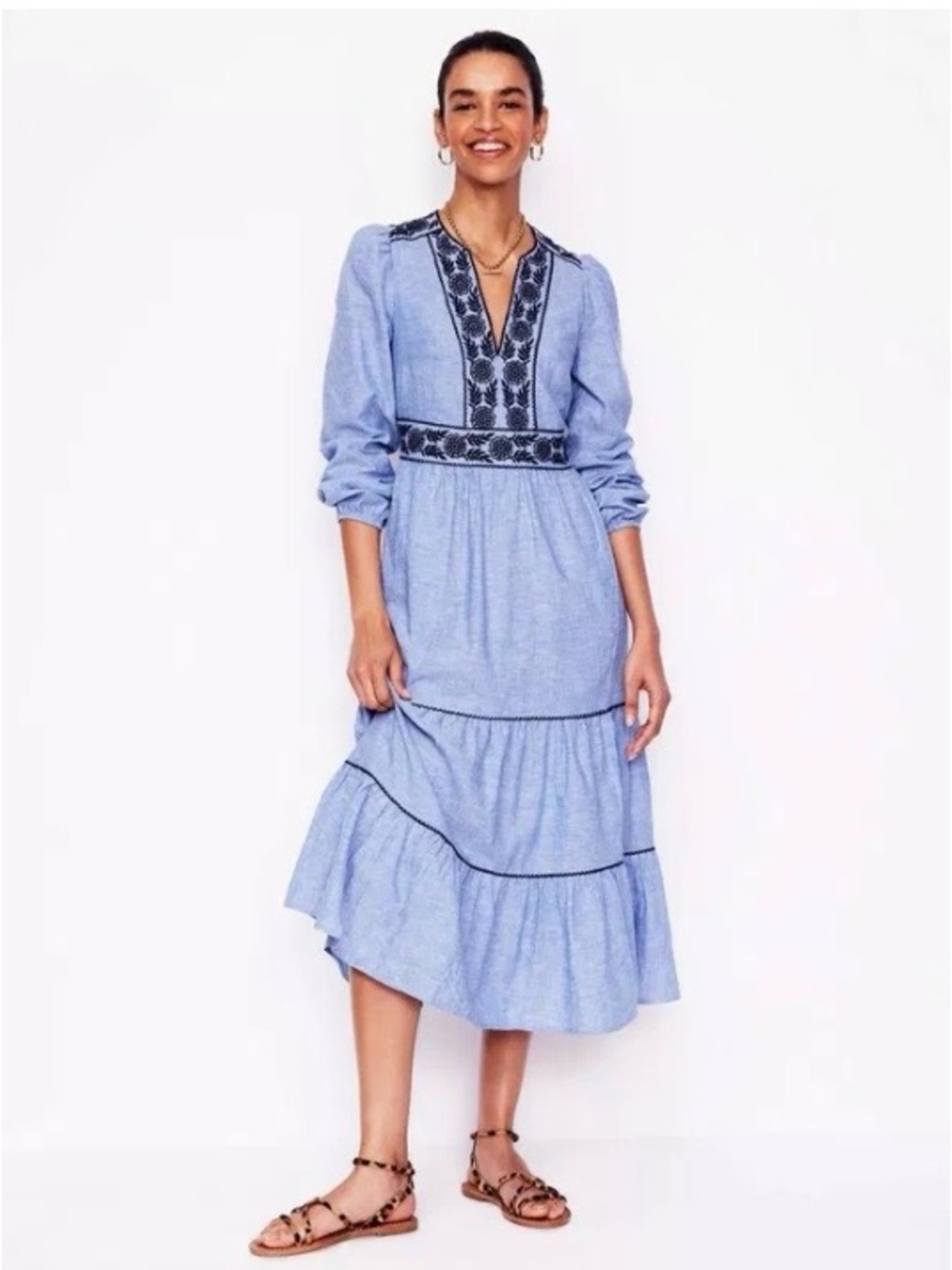 Boden Light Blue Violet Linen Rich Midi Dress